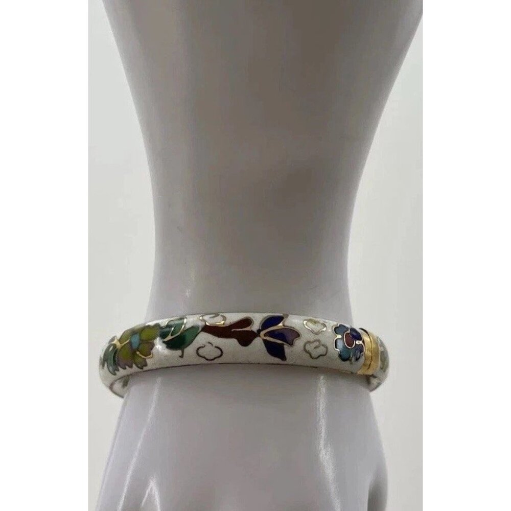 Vintage White Enamel Cloisonné Floral Blue Multi Color Hinged  Bangle Sz 7.5” - Picture 3 of 14
